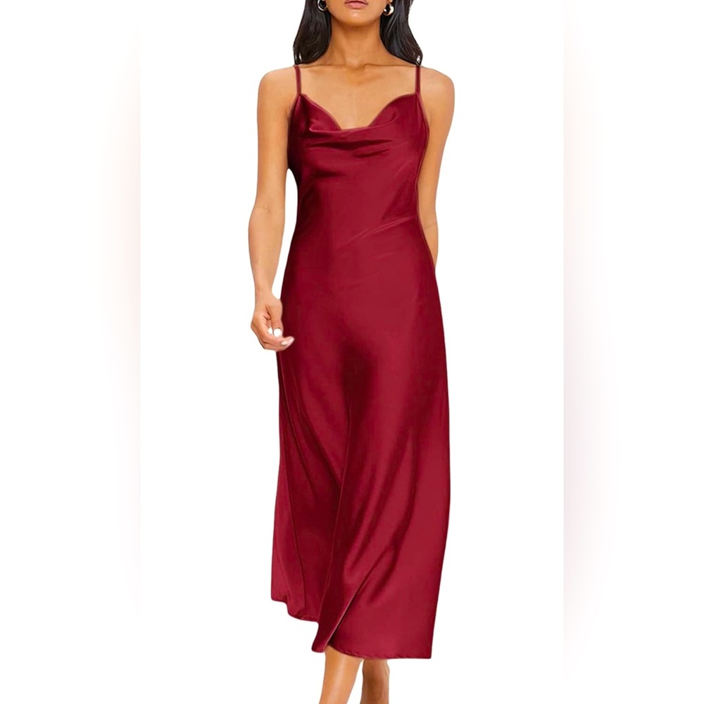 Women's Spaghetti Strap Cowl Neck Long Slip Satin Silk Midi Dress
